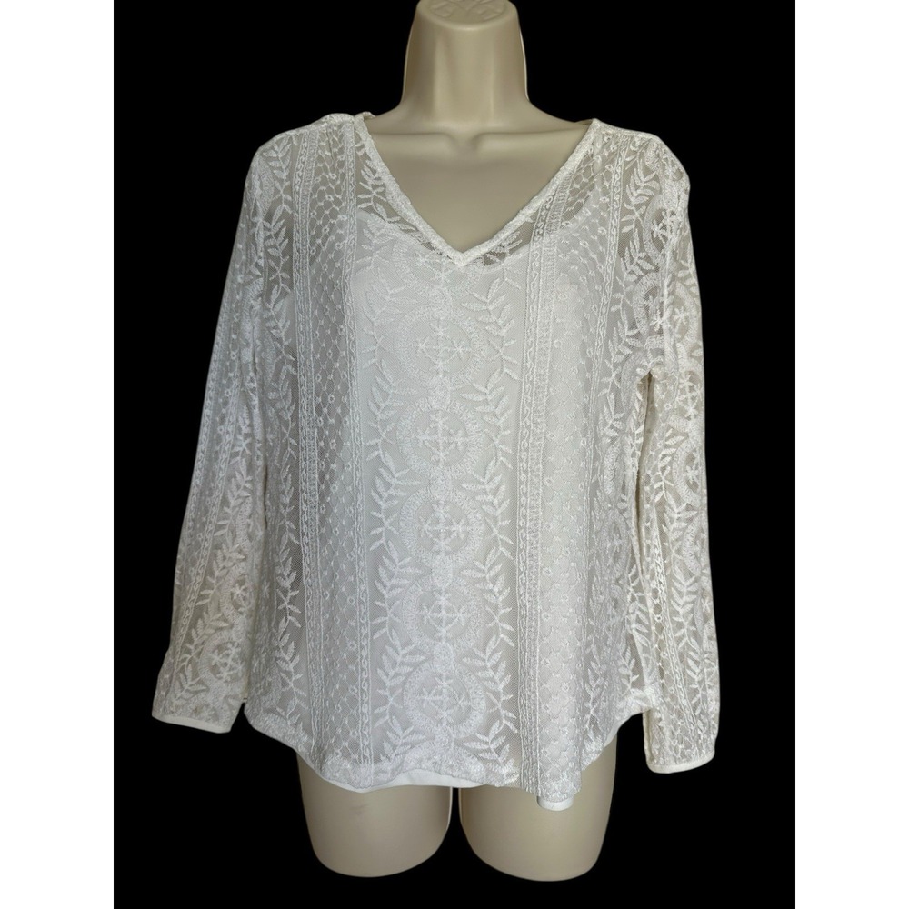 ADIVA EMBROIDERED LACE BLOUSE SZ MEDIUM SHEER W/CAMI LONG SLEEVE IVORY VICTORIAN